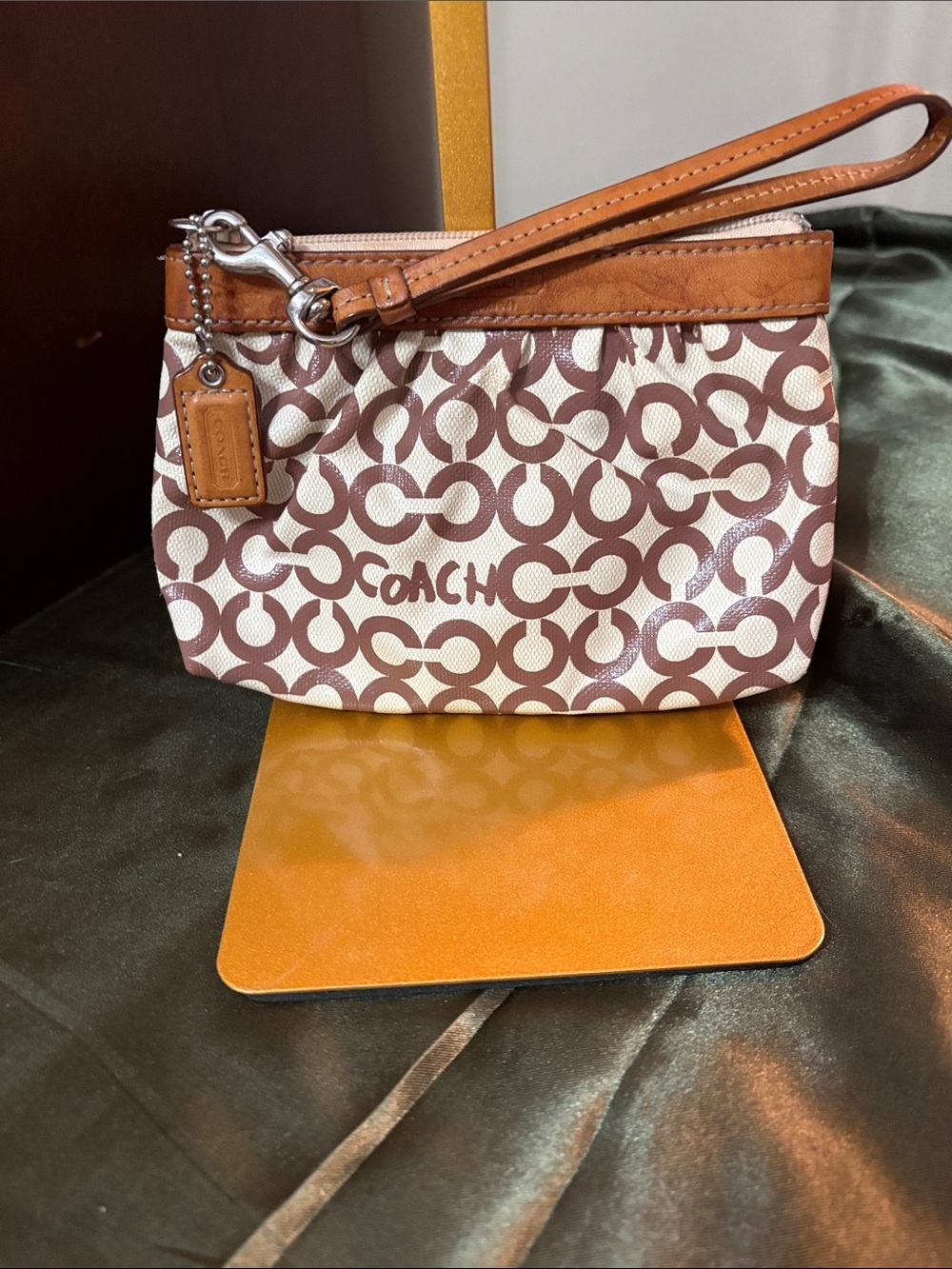 Coach Vintage Signature Brown Leah Op Art wristlet coated canvas  leather trim
